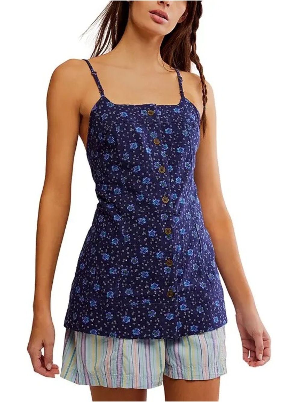 Free People Maddie Floral Cotton Low Back Tunic Top NAVY NWT XS